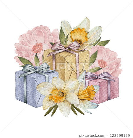 Watercolor Gift Boxes with Flowers Watercolor Gift Boxes with Flowers 122599159