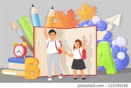 Happy schoolchildren rejoicing back to school vector illustration 122599196