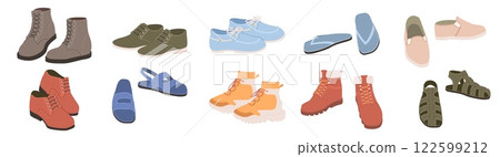 Different male shoes, sneakers, boots, sandals isolated set 122599212