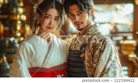 Japanese couple in traditional wedding outfits 122599422