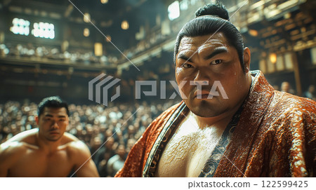 Sumo wrestler in the ring fighting his opponent 122599425