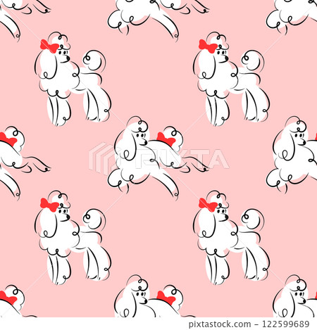Cute seamless pattern with white poodles on a pink background. Flat background design. Repeating print for fabric, wrapping paper, textile, wallpaper Cute seamless pattern with white poodles on a pink background. Flat background design. Repeating print for fabric, wrapping paper, textile, wallpaper 122599689