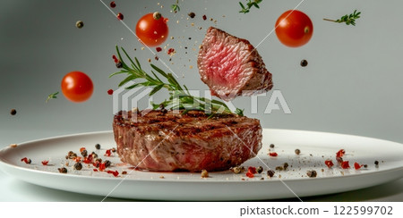 Grilled beef steak with falling rosemary, tomatoes, and peppercorns 122599702