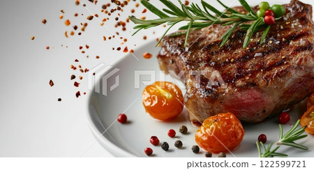Grilled beef steak with falling spices, rosemary, and tomatoes on white plate 122599721