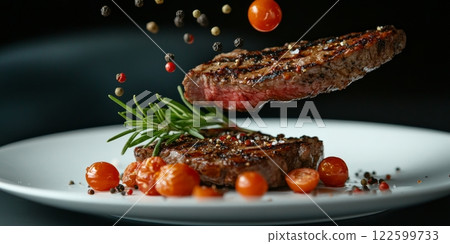 Grilled beef steaks falling on white plate with cherry tomatoes, rosemary, and peppercorns 122599733