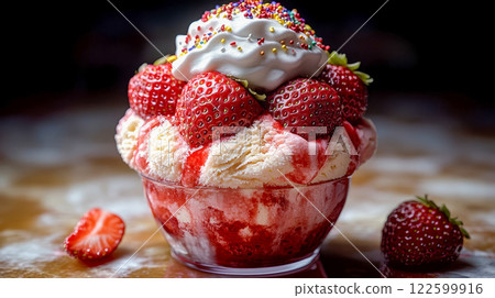 Strawberry ice cream in a bowl with cream and whole strawberries 122599916