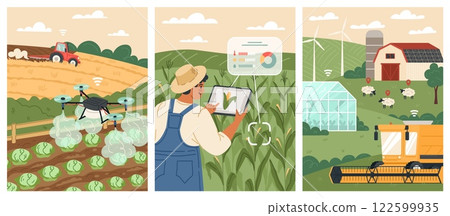Modern agricultural practices are illustrated with a tractor tilling soil, a farmer monitoring crops with tech tools, and a drone inspecting fields for optimal yield and health. Vector set Modern agricultural practices are illustrated with a tractor tilling soil, a farmer monitoring crops with tech tools, and a drone inspecting fields for optimal yield and health. Vector set 122599935