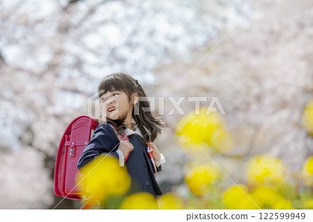 A first grade elementary school student walking through a park filled with rape blossoms and cherry blossoms 122599949