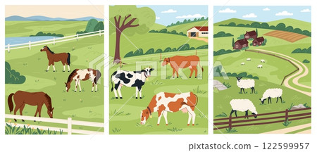 Horses, cows, and sheep are grazing in a lush green field surrounded by rolling hills and farmlands, showcasing a serene and thriving livestock farming environment. Vector set 122599957