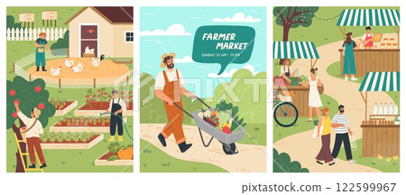 Local farmers gather to offer fresh fruits, vegetables, and handmade goods at the lively farmer market, inviting the community to enjoy a wholesome shopping experience. Vector set. 122599967
