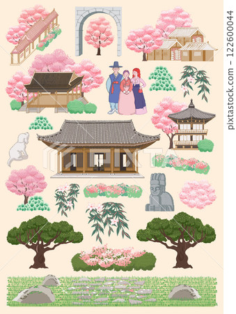 Traditional Korean Architecture - Hanok with Cherry Blossoms in a Serene Spring Garden, Template design for stickers and icons. 122600044