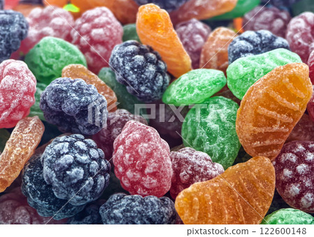 Colorful assortment of gummy candies displayed at a local market during a sunny afternoon Colorful assortment of gummy candies displayed at a local market during a sunny afternoon 122600148