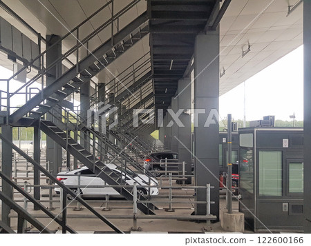 Border crossing with car waiting to cross Border crossing with car waiting to cross 122600166
