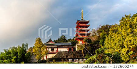 Panorama of the five-story pagoda at Honpukuji Temple, head temple [Kiyama Town, Miyaki District, Saga Prefecture] 122600274