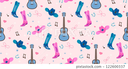 Cowboy country style music and dance concept seamless pattern. Wild west illustration with boots, hat, guitar and horseshoe Cowboy country style music and dance concept seamless pattern. Wild west illustration with boots, hat, guitar and horseshoe 122600337