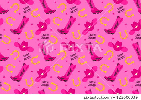 Pink Cowgirl concept seamless pattern design with cowboy boots, hat, horseshoe and stars. Yeehaw lettering, quotes. Vector illustration background 122600339