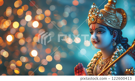 Ram Navami bokeh background with Hindu God Rama and copy space, day celebrates Hindu festival. 122600413