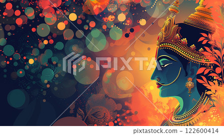 Ram Navami bokeh background with Hindu God Rama and copy space, day celebrates Hindu festival. 122600414