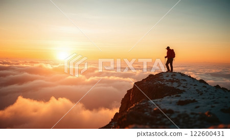 A lone hiker on snowy mountain at sunset 122600431