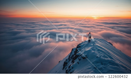 A lone hiker on snowy mountain at sunset 122600432