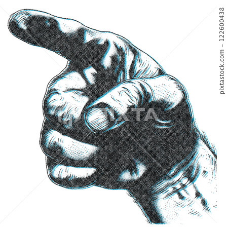 Men Pointing Hand Illustration with Risograph Overprint and Retro Texture on White Background 122600438