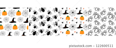 Witch Hats, pumpkins, Spiders and cobweb Seamless patterns. Halloween background Texture idea Set 4 Witch Hats, pumpkins, Spiders and cobweb Seamless patterns. Halloween background Texture idea Set 4 122600511