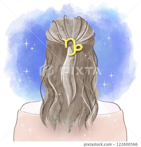 水彩：一位戴著摩羯座髮飾的女子凝視星空 122600566