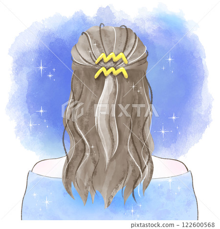 戴著水瓶座髮飾、凝視星空的女子的水彩插圖 戴著水瓶座髮飾、凝視星空的女子的水彩插圖 122600568