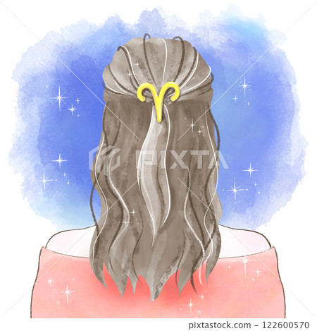 戴著牡羊座髮飾、凝視星空的女子的水彩插圖 戴著牡羊座髮飾、凝視星空的女子的水彩插圖 122600570