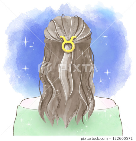 戴著金牛座髮飾、凝視星空的女子的水彩插圖 122600571