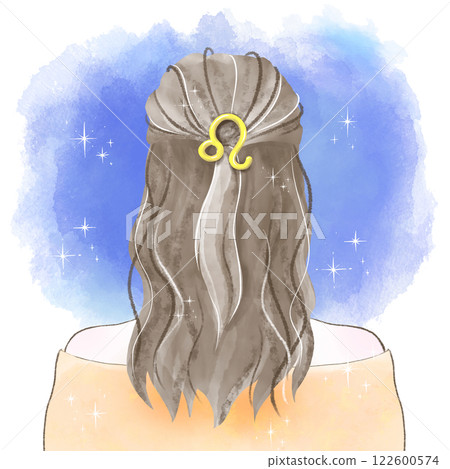 一位戴著獅子座髮飾的女人凝視星空的水彩插圖 122600574