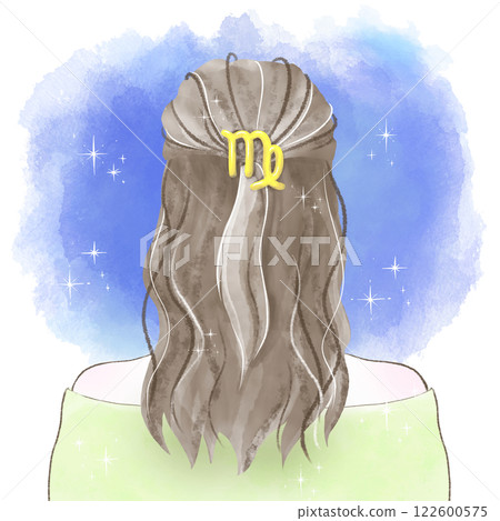 戴著處女座髮飾、凝視星空的女子的水彩插圖 戴著處女座髮飾、凝視星空的女子的水彩插圖 122600575