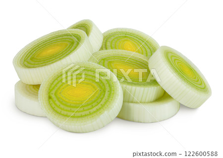 sliced Leek vegetable isolated on white background with full depth of field sliced Leek vegetable isolated on white background with full depth of field 122600588
