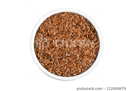 flaxseed in ceramic bowl isolated on white background. Top view. Flat lay flaxseed in ceramic bowl isolated on white background. Top view. Flat lay 122600679