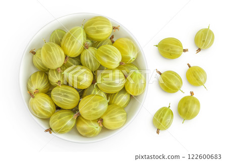 Green gooseberry in ceramic bowl isolated on white background with full depth of field Green gooseberry in ceramic bowl isolated on white background with full depth of field 122600683