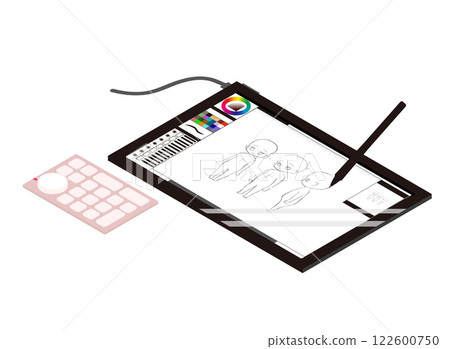 Isometric image illustration of a person drawing using a left-hand device Isometric image illustration of a person drawing using a left-hand device 122600750
