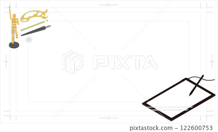 Isometric drawing tablet, drawing doll, manga manuscript paper, pencil and eraser background frame illustration 122600753