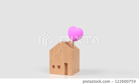 The Wood House and Pink Heart for family or property concept 3d Rendering. 122600759