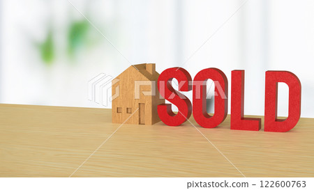 The Toy wood house and red sold text for Property or real estate concept 3d Rendering. 122600763