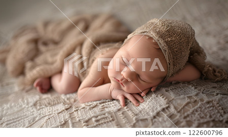 A beautiful newborn baby in soft comfortable clothes. AI Generated 122600796