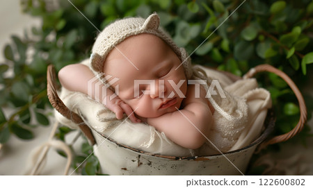 A beautiful newborn baby in soft comfortable clothes. AI Generated 122600802