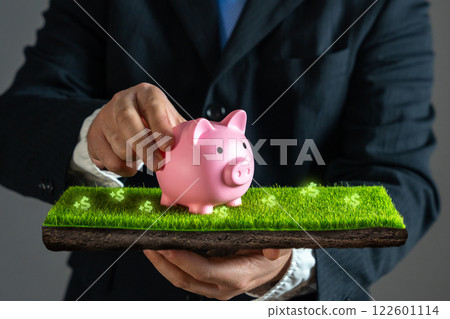 Businessman walks piggy bank on fertile soil. Concept of good conditions of deposits and investments, high profit and margin. Good investment climate. 122601114