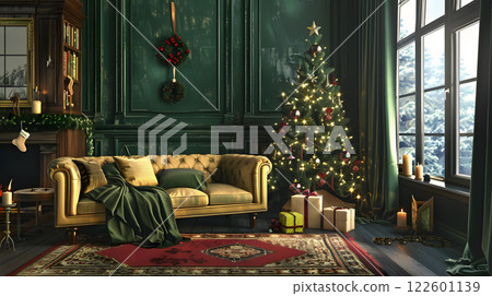 Festive Christmas interior with fir tree, gifts and garlands. AI Generated 122601139