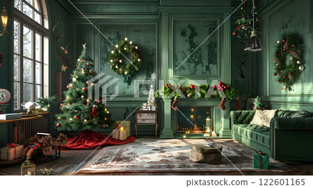 Festive Christmas interior with fir tree, gifts and garlands. AI Generated 122601165