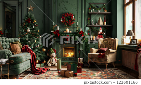 Festive Christmas interior with fir tree, gifts and garlands. AI Generated 122601166