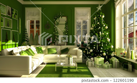 Festive Christmas interior with fir tree, gifts and garlands. AI Generated 122601190