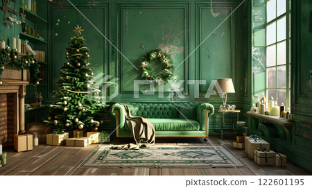 Festive Christmas interior with fir tree, gifts and garlands. AI Generated 122601195