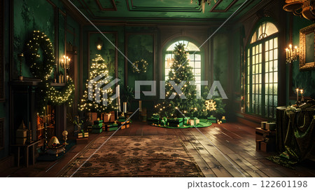 Festive Christmas interior with fir tree, gifts and garlands. AI Generated 122601198