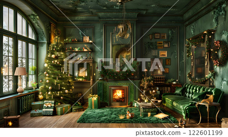 Festive Christmas interior with fir tree, gifts and garlands. AI Generated 122601199