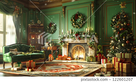 Festive Christmas interior with fir tree, gifts and garlands. AI Generated 122601207
